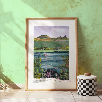 Sandal Castle Skyline art print by Vicki Shortt, the castle ruins on their mound above Wakefield, framed in a room setting