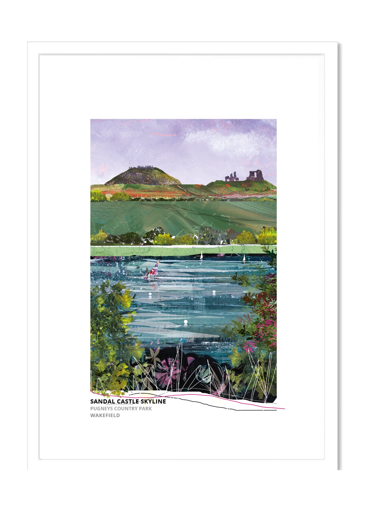 Sandal Castle Skyline art print by Vicki Shortt, the castle ruins on their mound above Wakefield, in a white frame