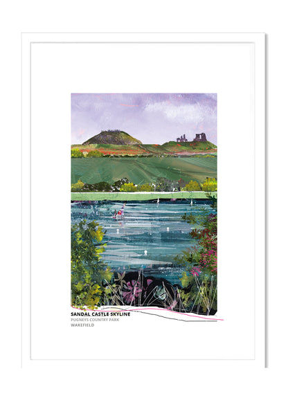 Sandal Castle Skyline art print by Vicki Shortt, the castle ruins on their mound above Wakefield, in a white frame