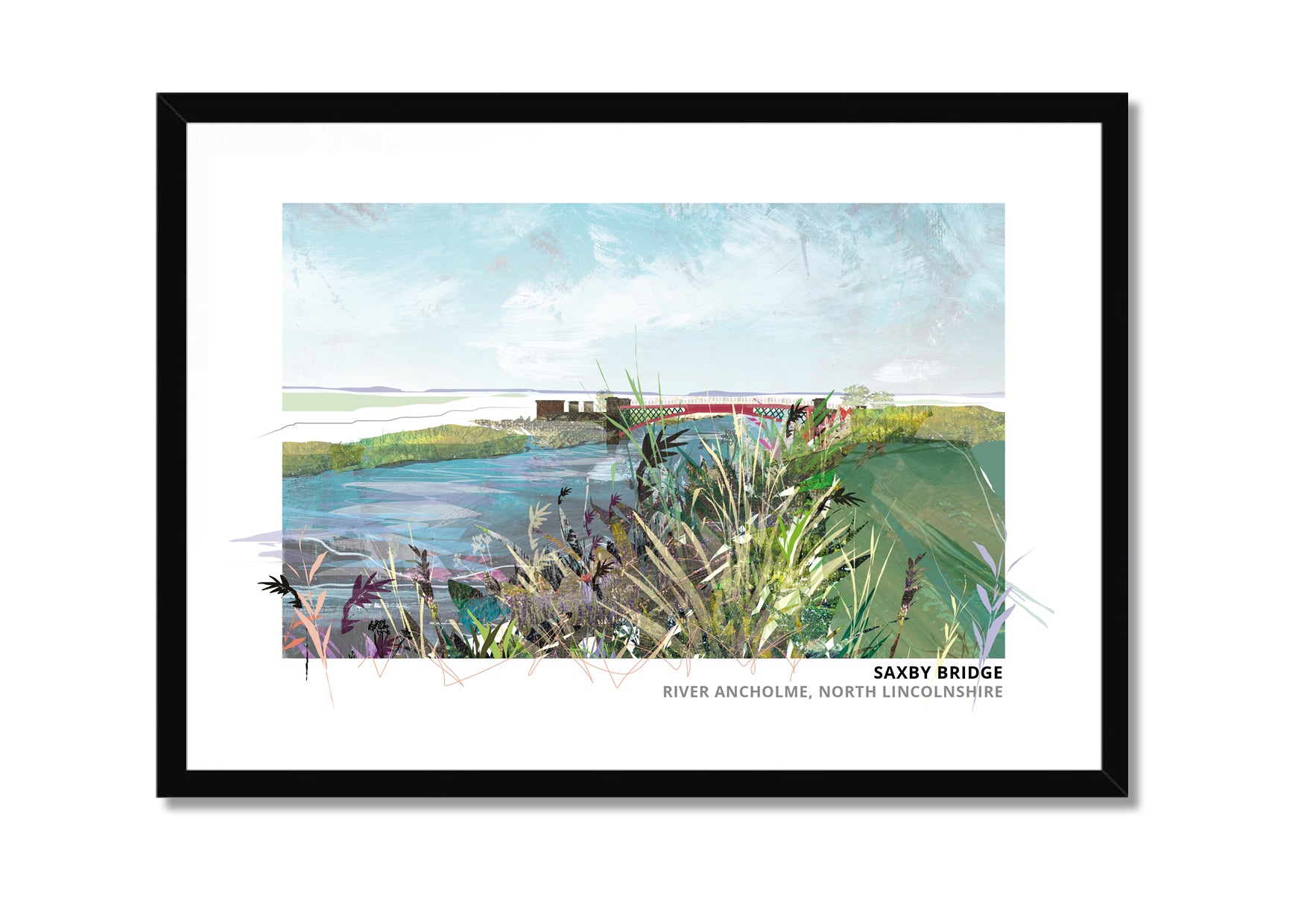 Saxby Bridge art print by Vicki Shortt, the bridge over the River Ancholme at Saxby, Lincolnshire, in a black frame