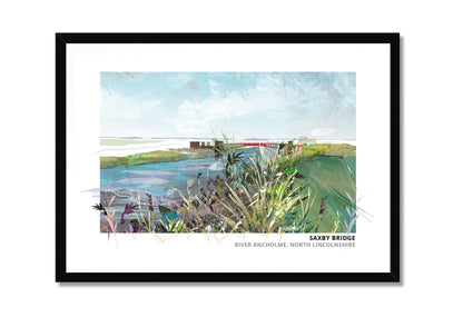Saxby Bridge art print by Vicki Shortt, the bridge over the River Ancholme at Saxby, Lincolnshire, in a black frame