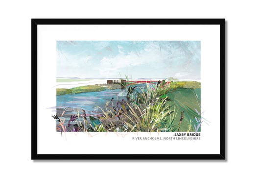 Saxby Bridge art print by Vicki Shortt, the bridge over the River Ancholme at Saxby, Lincolnshire, in a black frame