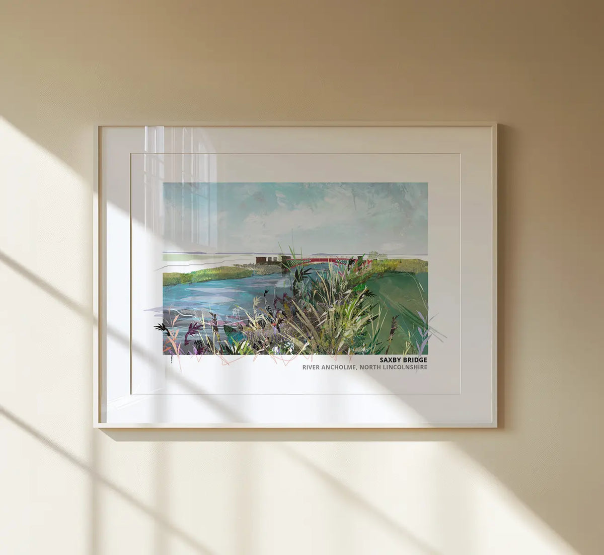 Saxby Bridge art print by Vicki Shortt, the bridge over the River Ancholme at Saxby, Lincolnshire, framed in a room setting
