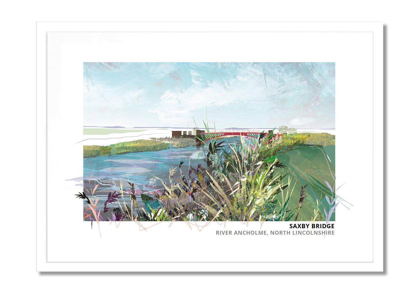 Saxby Bridge art print by Vicki Shortt, the bridge over the River Ancholme at Saxby, Lincolnshire, in a white frame