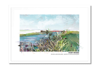 Saxby Bridge art print by Vicki Shortt, the bridge over the River Ancholme at Saxby, Lincolnshire, in a white frame