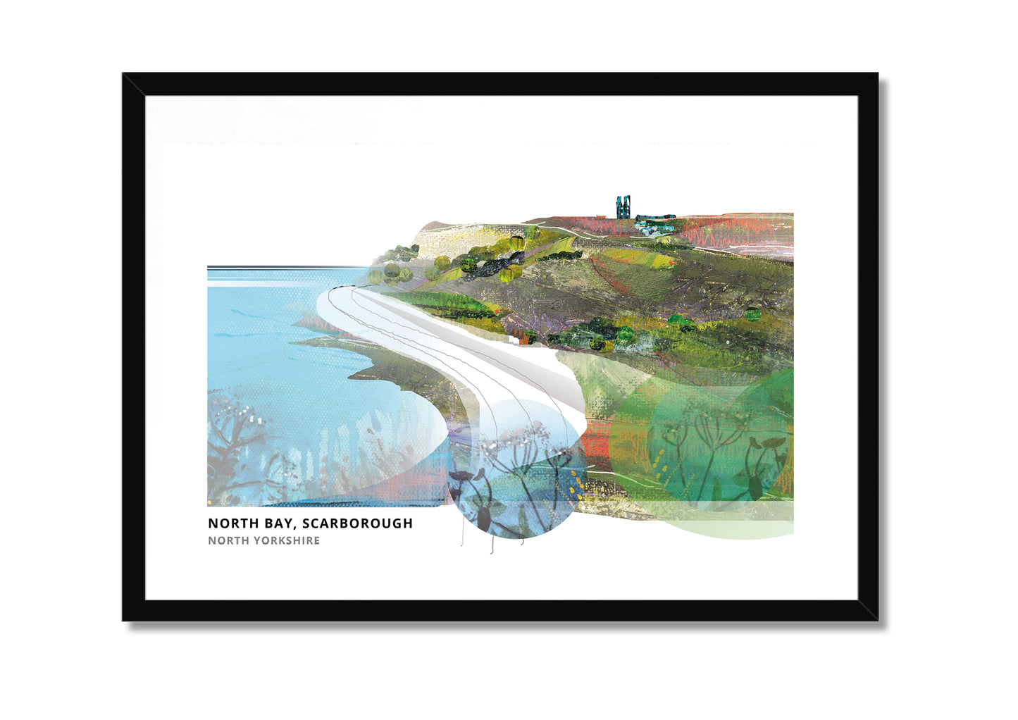 Scarborough art print by Vicki Shortt, the sweep of North Bay at Scarborough, North Yorkshire, in a black frame