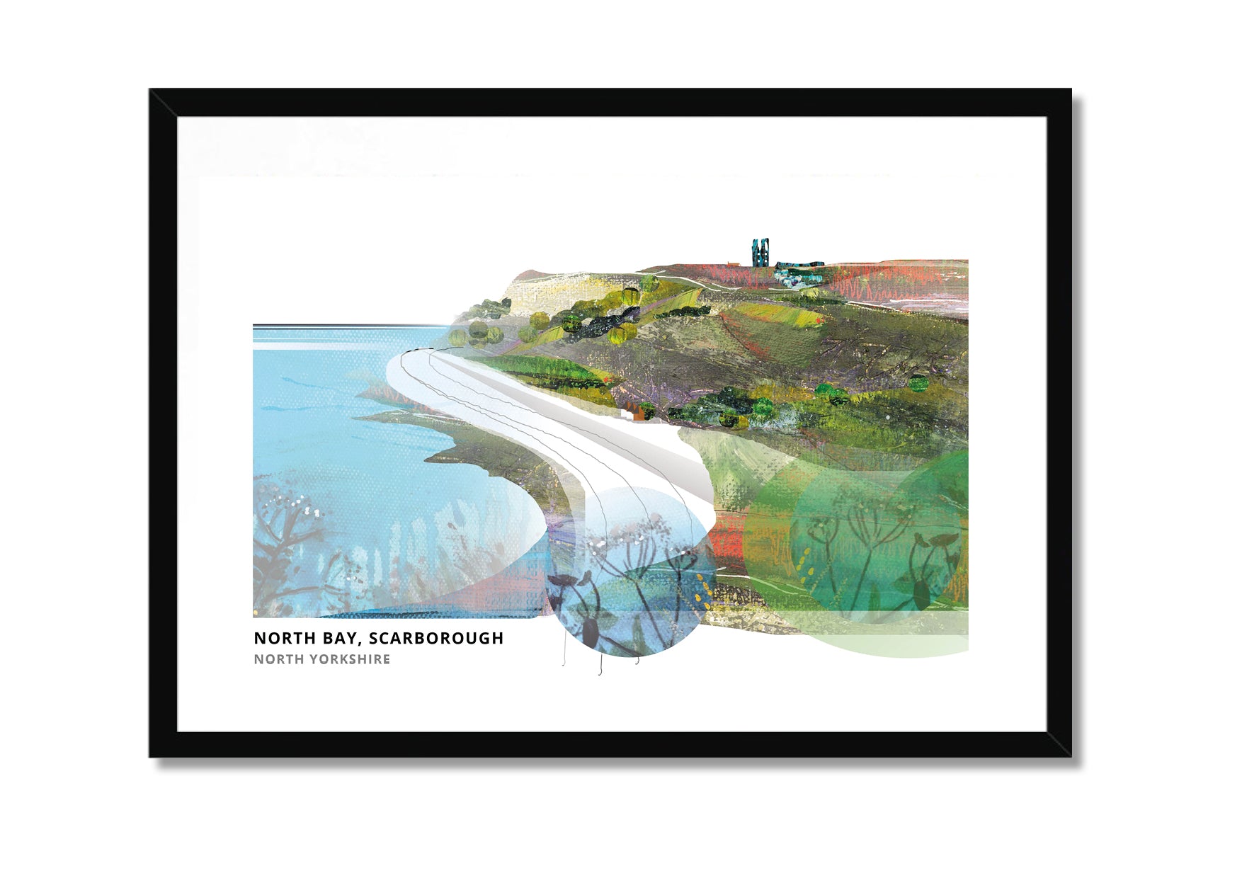 Scarborough art print by Vicki Shortt, the sweep of North Bay at Scarborough, North Yorkshire, in a black frame