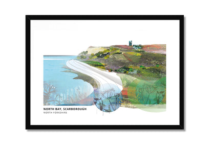 Scarborough art print by Vicki Shortt, the sweep of North Bay at Scarborough, North Yorkshire, in a black frame