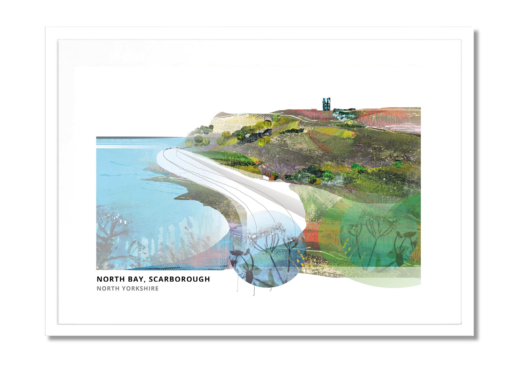 Scarborough art print by Vicki Shortt, the sweep of North Bay at Scarborough, North Yorkshire, in a white frame