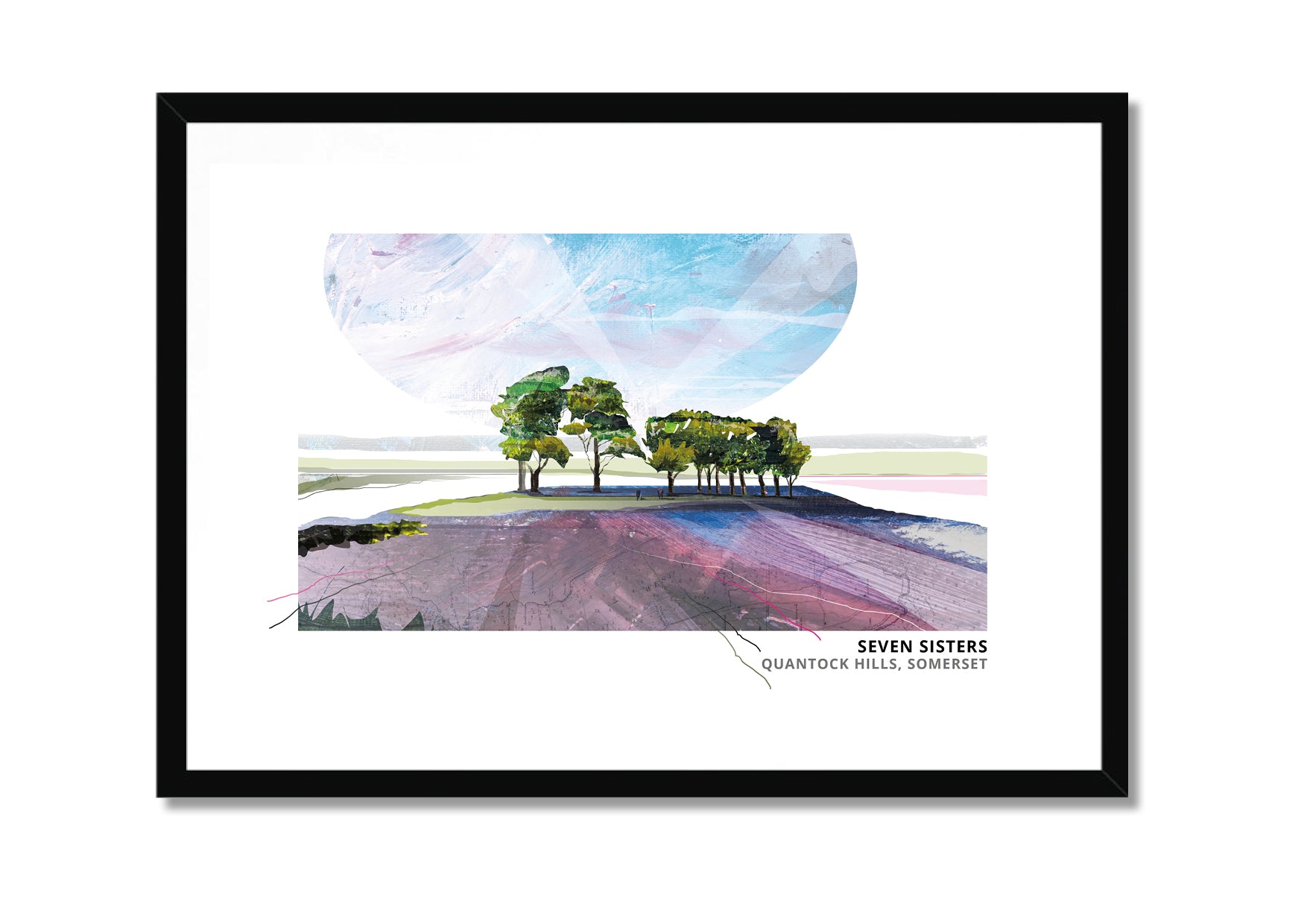 Seven Sisters, Quantocks art print by Vicki Shortt, the line of trees known as the Seven Sisters on the Quantock Hills, in a black frame