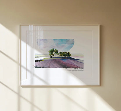 Seven Sisters, Quantocks art print by Vicki Shortt, the line of trees known as the Seven Sisters on the Quantock Hills, framed in a room setting