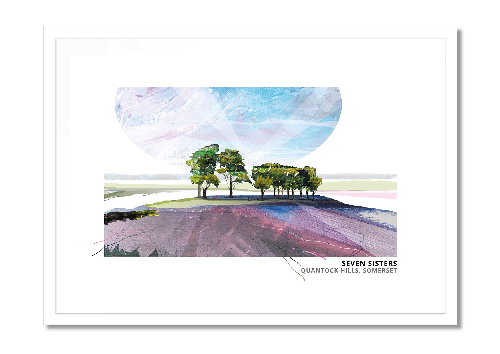Seven Sisters, Quantocks art print by Vicki Shortt, the line of trees known as the Seven Sisters on the Quantock Hills, in a white frame