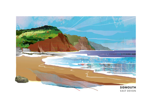 Sidmouth art print by Vicki Shortt, the red cliffs and seafront at Sidmouth, East Devon