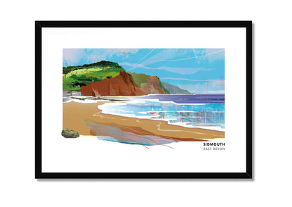 Sidmouth art print by Vicki Shortt, the red cliffs and seafront at Sidmouth, East Devon, in a black frame