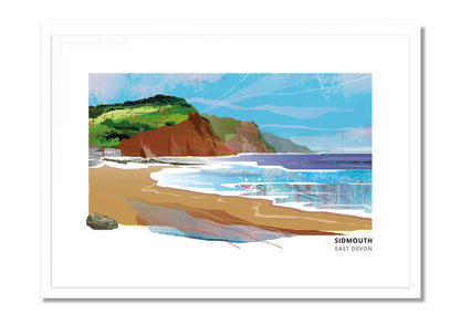 Sidmouth art print by Vicki Shortt, the red cliffs and seafront at Sidmouth, East Devon, in a white frame