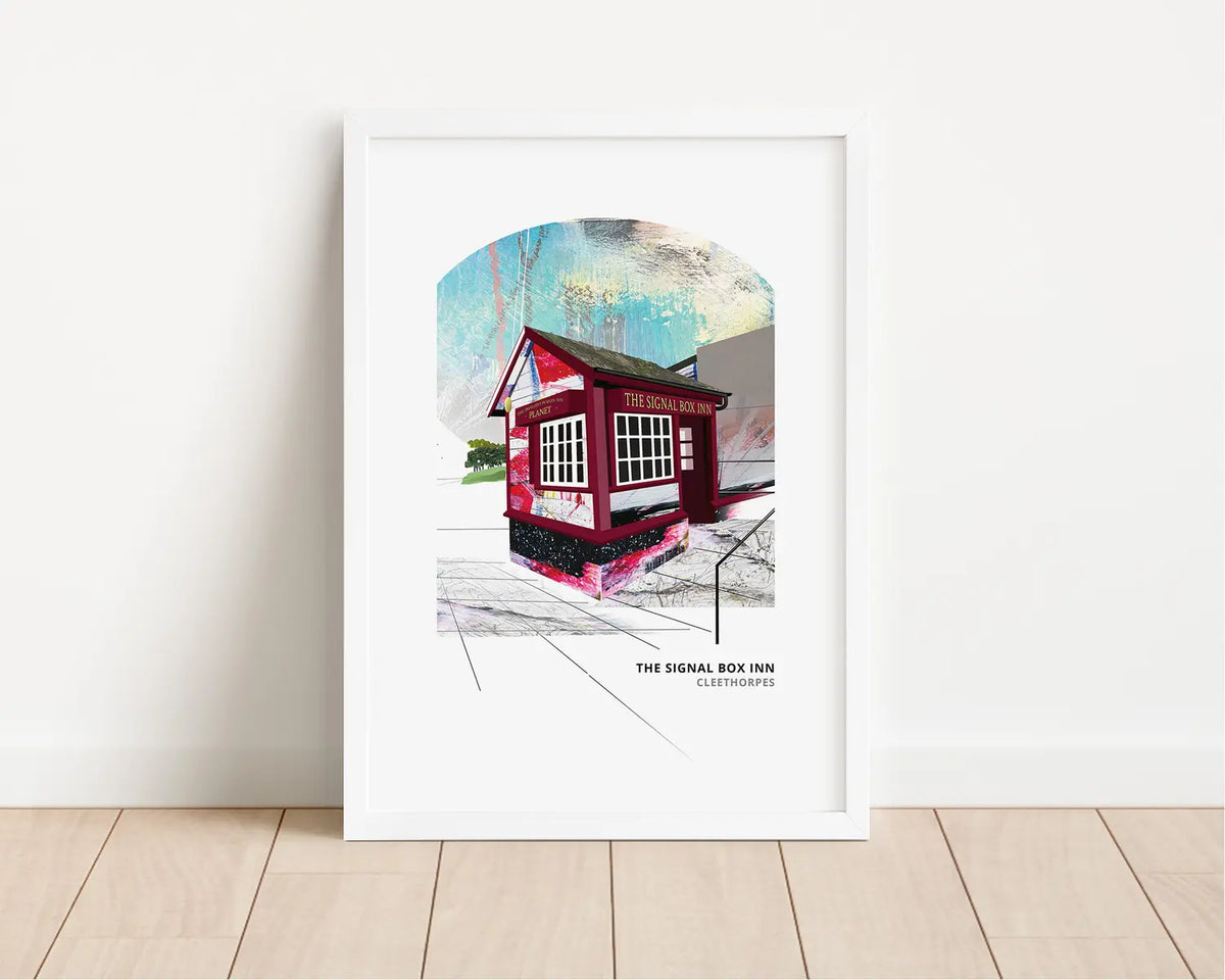 Signal Box Inn art print by Vicki Shortt, the tiny converted signal box pub at Cleethorpes, framed in a room setting
