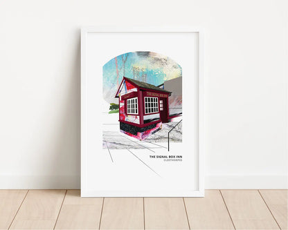 Signal Box Inn art print by Vicki Shortt, the tiny converted signal box pub at Cleethorpes, framed in a room setting