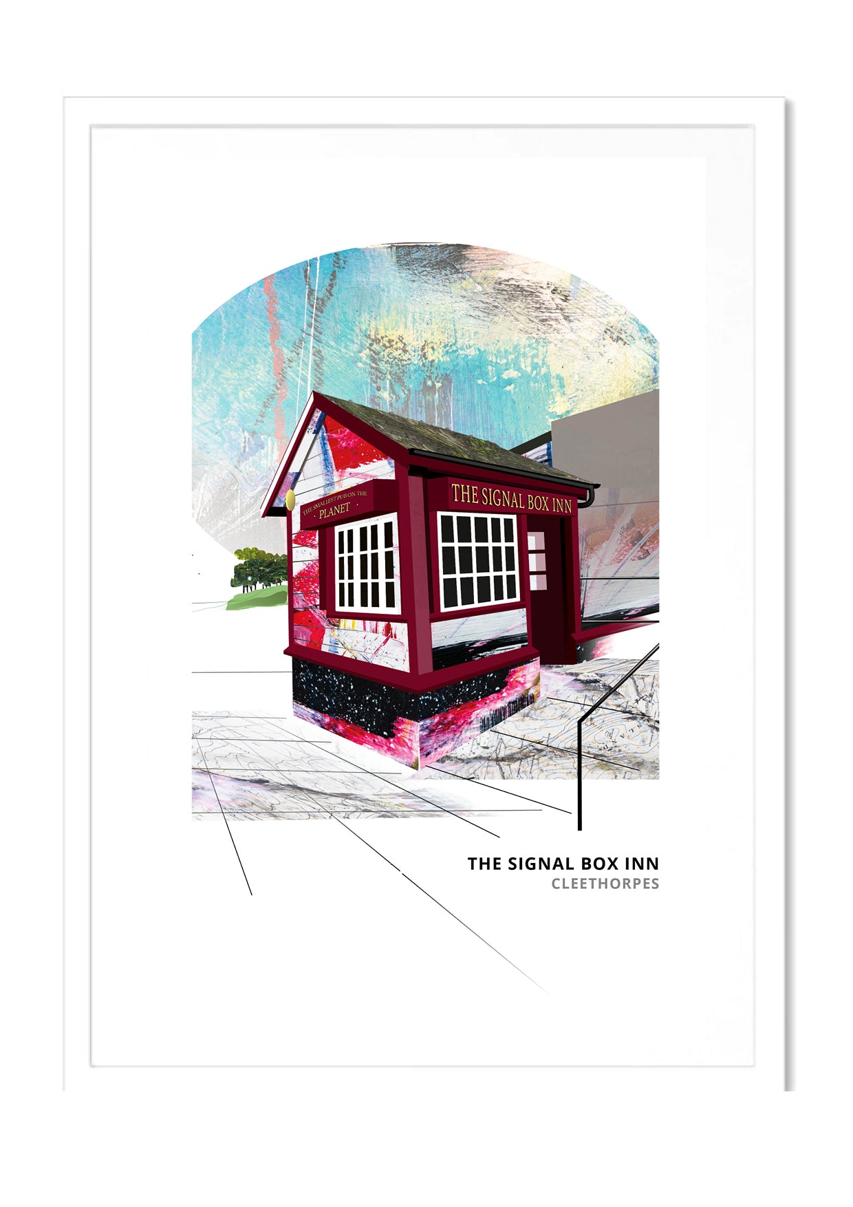 Signal Box Inn art print by Vicki Shortt, the tiny converted signal box pub at Cleethorpes, in a white frame