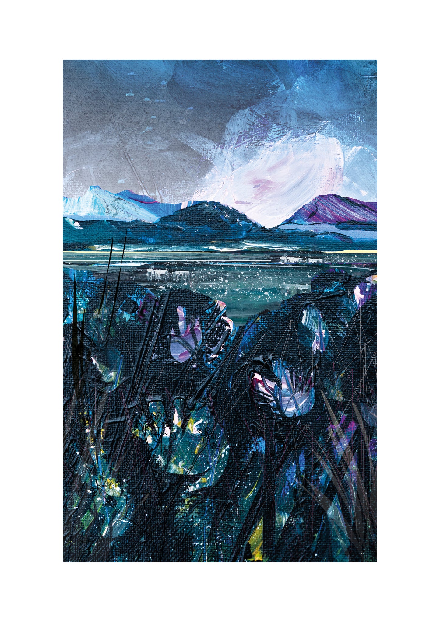 Skies Series Limited Edition art prints by Vicki Shortt, Dark Skies design, a wide landscape beneath a dramatic worked sky