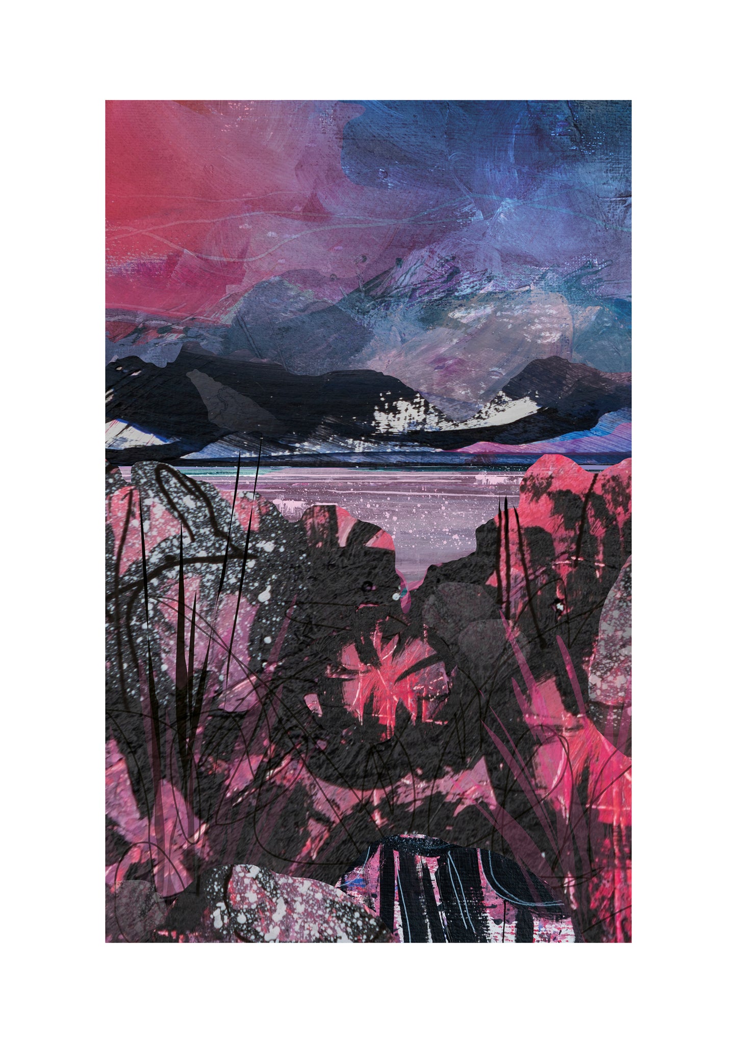 Skies Series Limited Edition art prints by Vicki Shortt, Pink Skies design, a wide landscape beneath a dramatic worked sky
