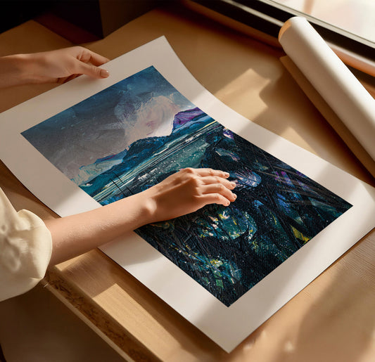 Skies Series Limited Edition art prints by Vicki Shortt, a wide landscape beneath a dramatic worked sky, the Dark Skies design shown in a room setting