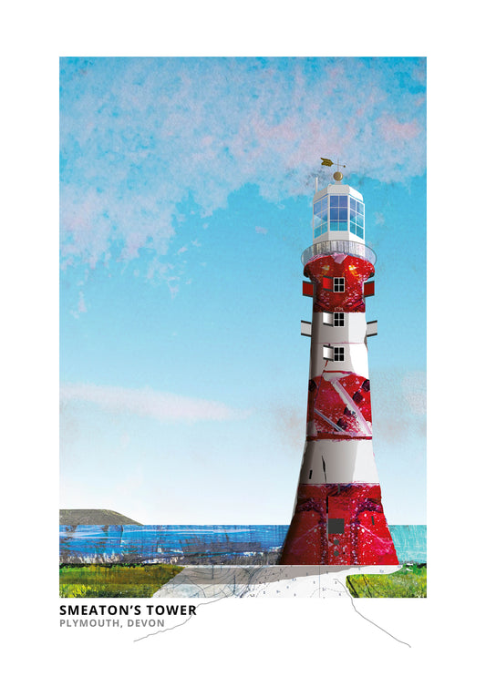 Smeaton's Tower art print by Vicki Shortt, the red and white lighthouse on Plymouth Hoe, Devon