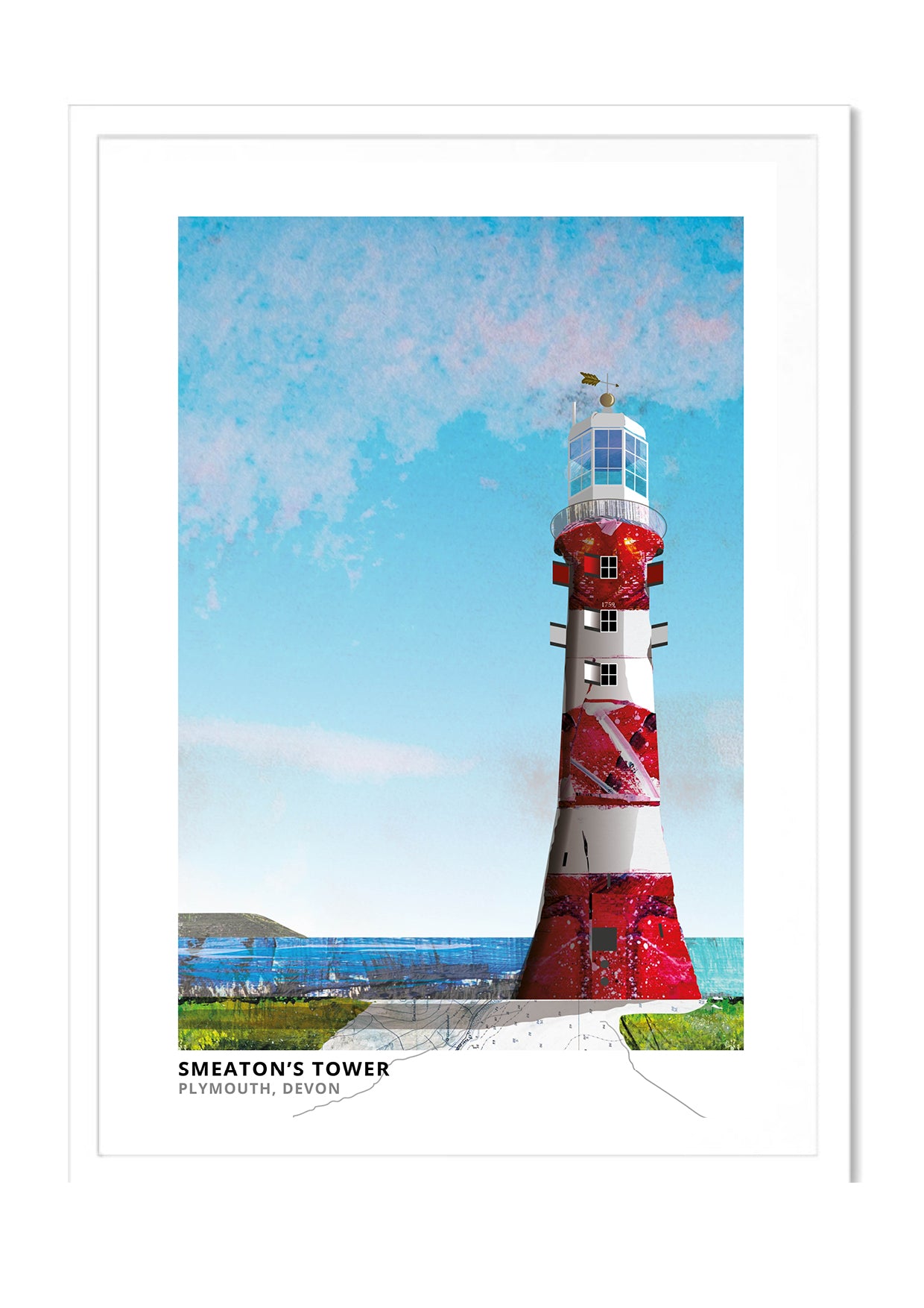 Smeaton's Tower art print by Vicki Shortt, the red and white lighthouse on Plymouth Hoe, Devon, in a white frame