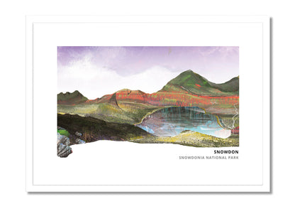 Snowdon art print by Vicki Shortt, the summit of Yr Wyddfa in Eryri, north Wales, in a white frame