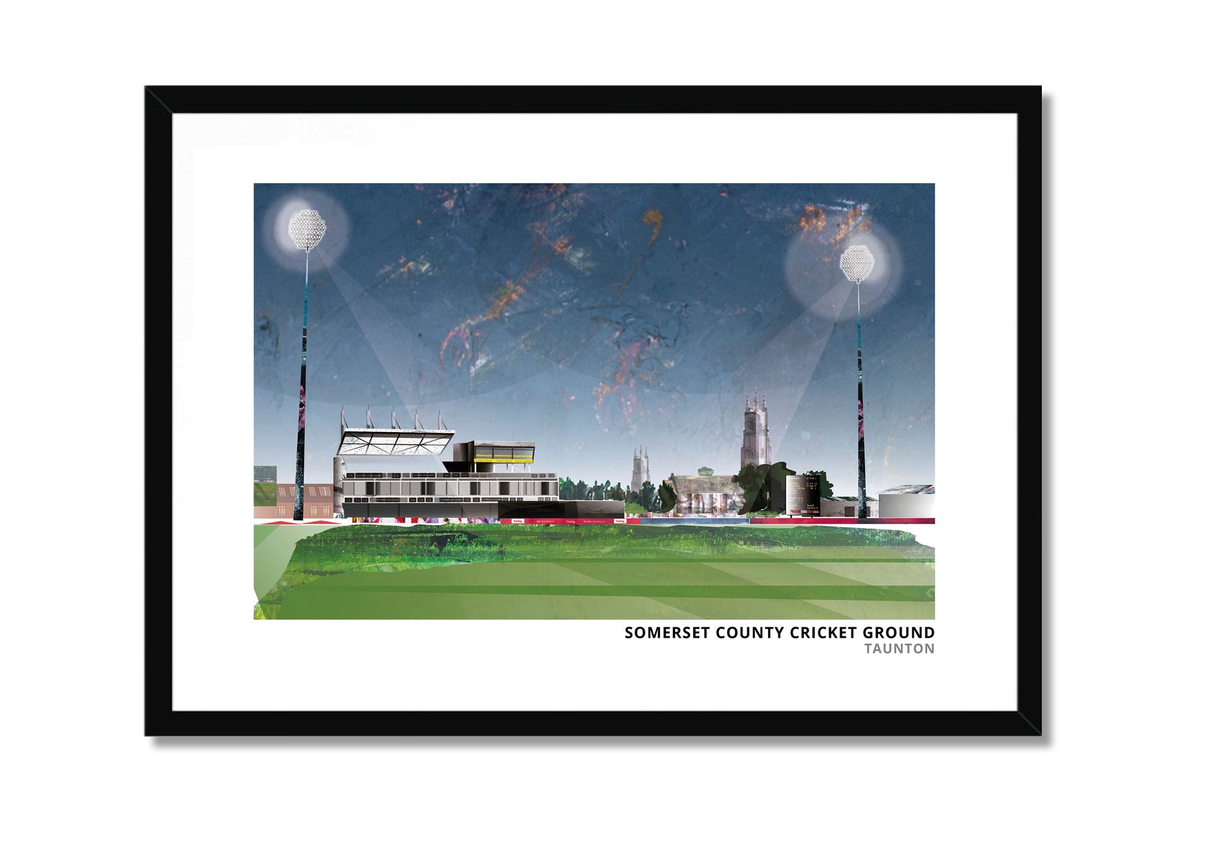 Somerset County Cricket Ground art print by Vicki Shortt, landscape format, the county cricket ground beside the River Tone, in a black frame