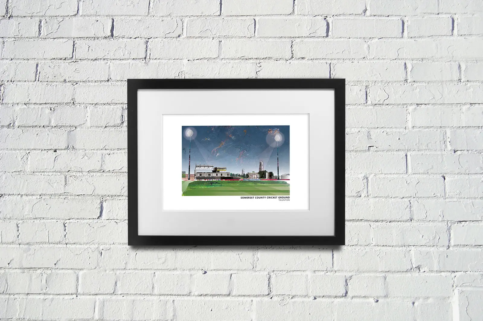 Somerset County Cricket Ground art print by Vicki Shortt, the county cricket ground beside the River Tone, landscape format, framed in a room setting