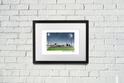 Somerset County Cricket Ground art print by Vicki Shortt, the county cricket ground beside the River Tone, landscape format, framed in a room setting