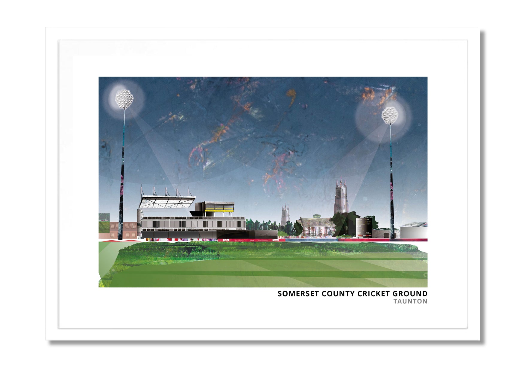 Somerset County Cricket Ground art print by Vicki Shortt, landscape format, the county cricket ground beside the River Tone, in a white frame