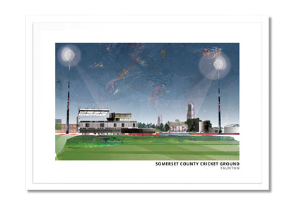 Somerset County Cricket Ground art print by Vicki Shortt, landscape format, the county cricket ground beside the River Tone, in a white frame
