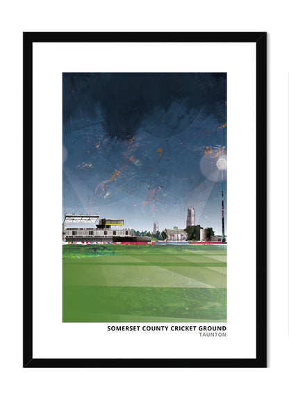 Somerset County Cricket Ground art print by Vicki Shortt, portrait format, the county cricket ground beside the River Tone, in a black frame