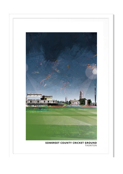 Somerset County Cricket Ground art print by Vicki Shortt, portrait format, the county cricket ground beside the River Tone, in a white frame