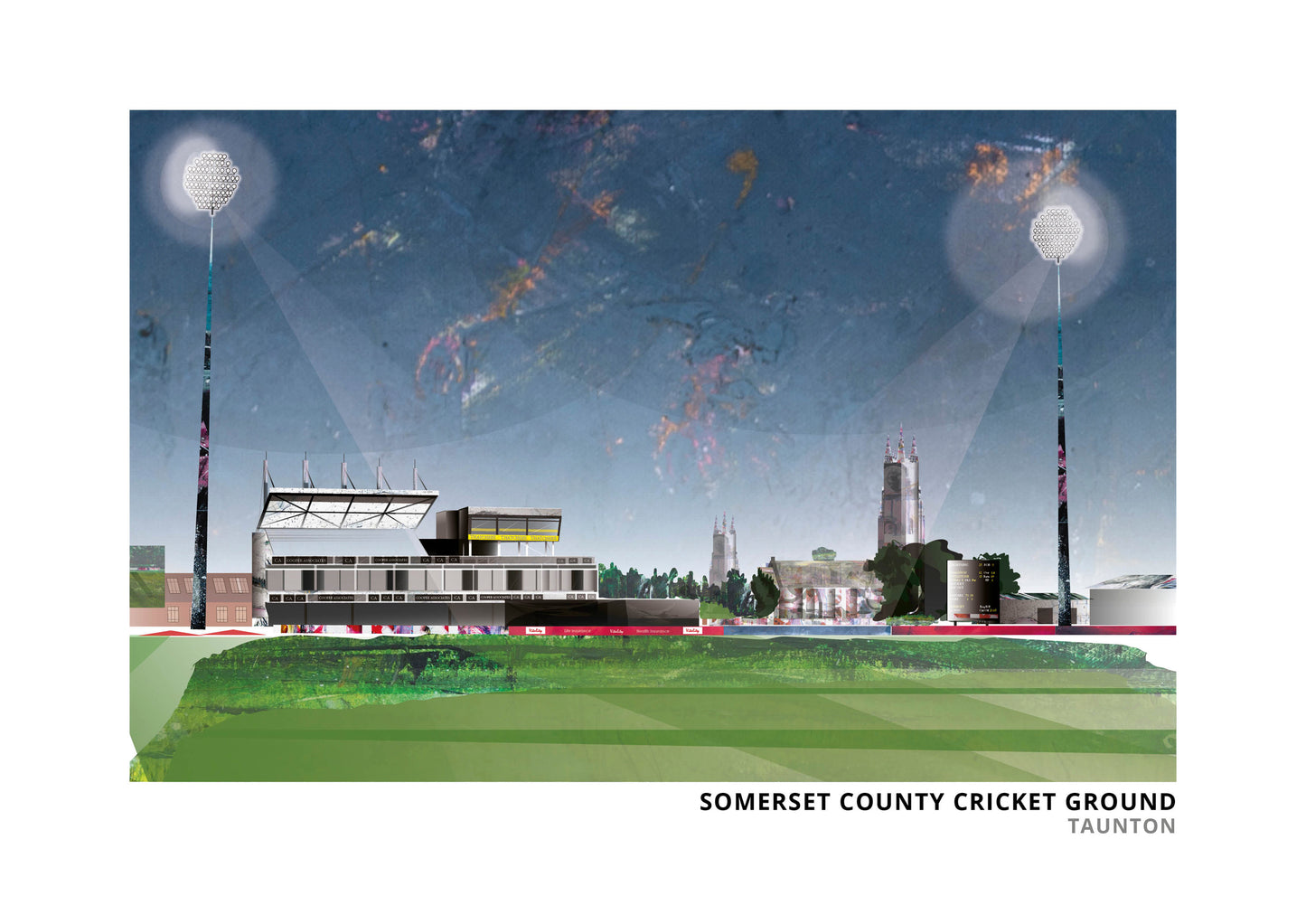 Somerset County Cricket Ground art print by Vicki Shortt, the county cricket ground beside the River Tone, landscape format