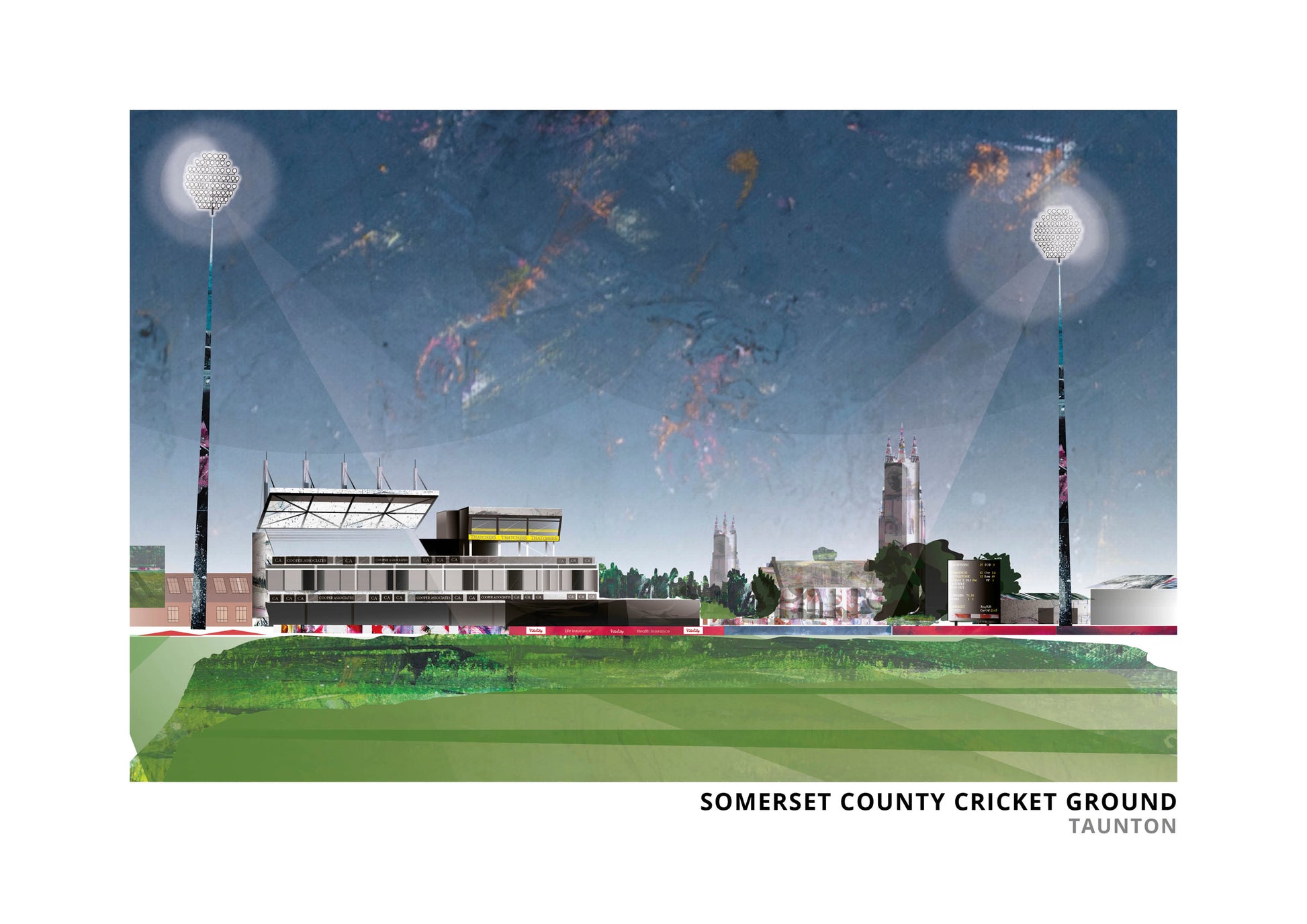 Somerset County Cricket Ground art print by Vicki Shortt, the county cricket ground beside the River Tone, landscape format