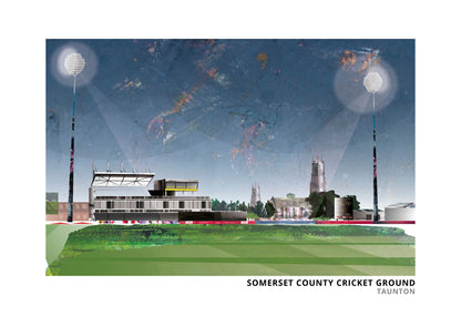 Somerset County Cricket Ground art print by Vicki Shortt, the county cricket ground beside the River Tone, landscape format