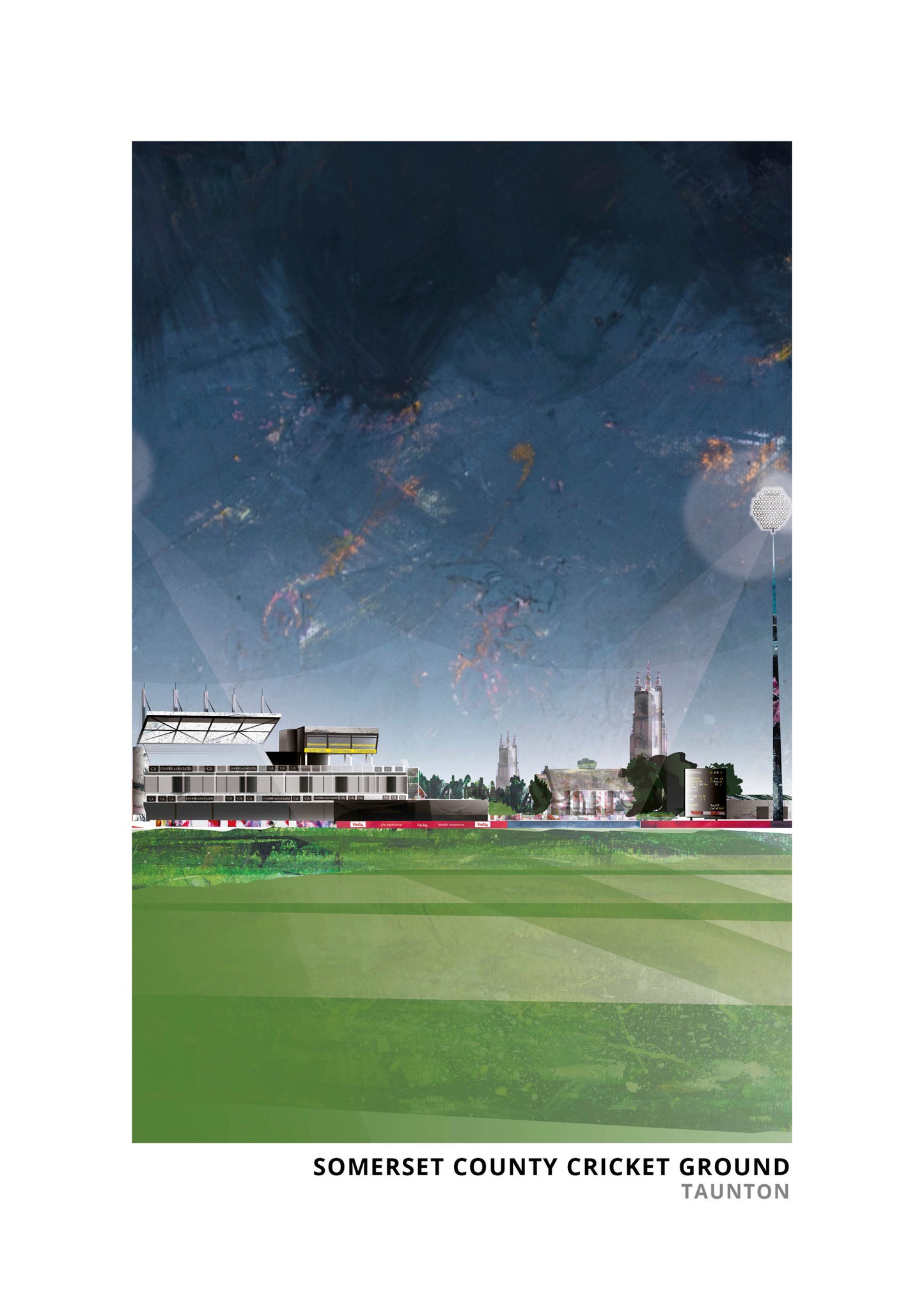Somerset County Cricket Ground art print by Vicki Shortt, the county cricket ground beside the River Tone, portrait format