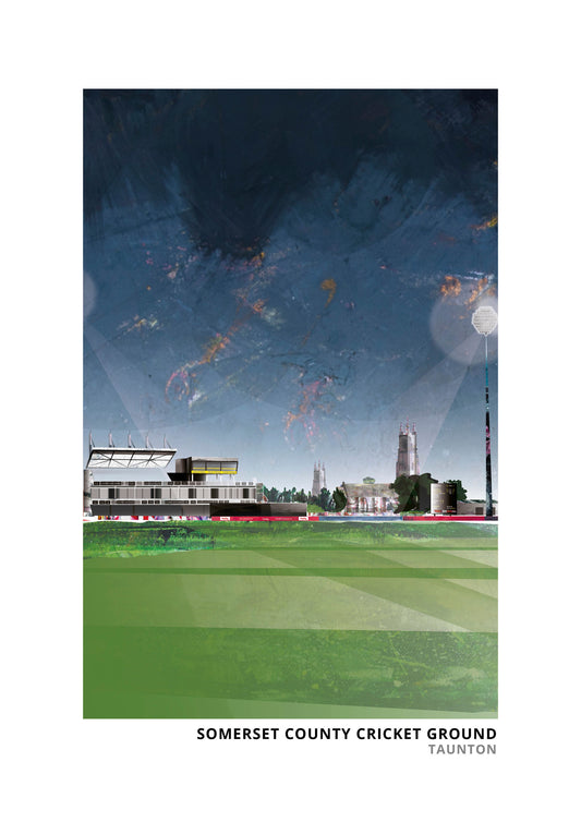 Somerset County Cricket Ground art print by Vicki Shortt, the county cricket ground beside the River Tone, portrait format