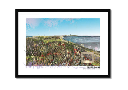 Spurn Point art print by Vicki Shortt, the lighthouse on the sand spit at Spurn Point, East Yorkshire, in a black frame