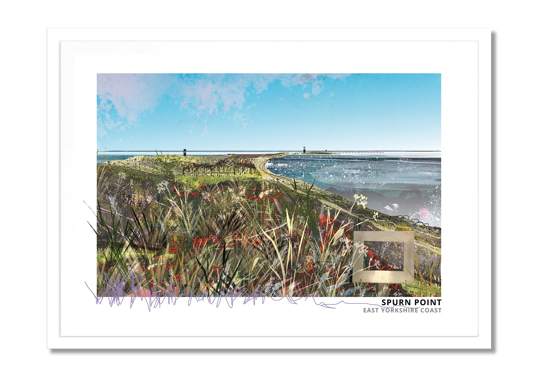 Spurn Point art print by Vicki Shortt, the lighthouse on the sand spit at Spurn Point, East Yorkshire, in a white frame