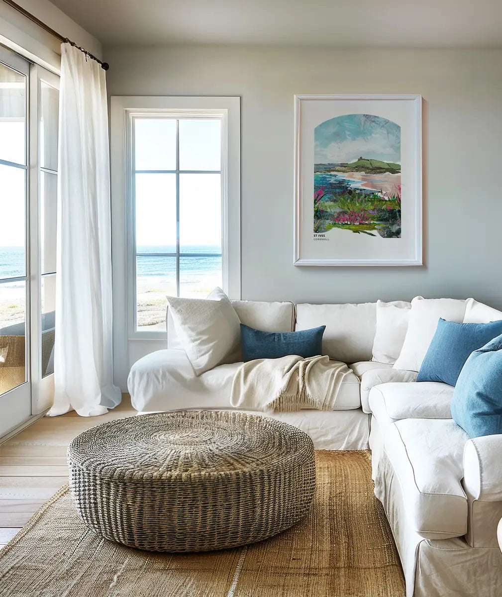 St Ives art print by Vicki Shortt, the harbour and rooftops of St Ives, Cornwall, framed in a room setting