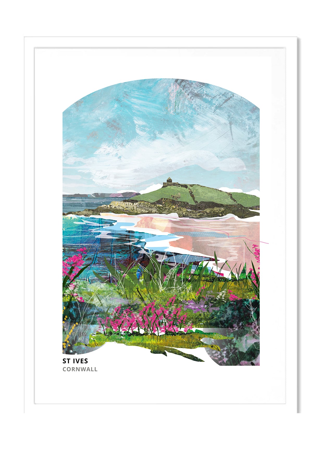 St Ives art print by Vicki Shortt, the harbour and rooftops of St Ives, Cornwall, in a white frame