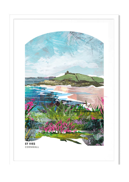 St Ives art print by Vicki Shortt, the harbour and rooftops of St Ives, Cornwall, in a white frame