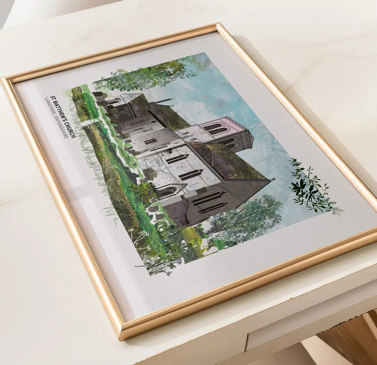 St Matthew's Church, Langford art print by Vicki Shortt, the parish church of St Matthew, framed in a room setting