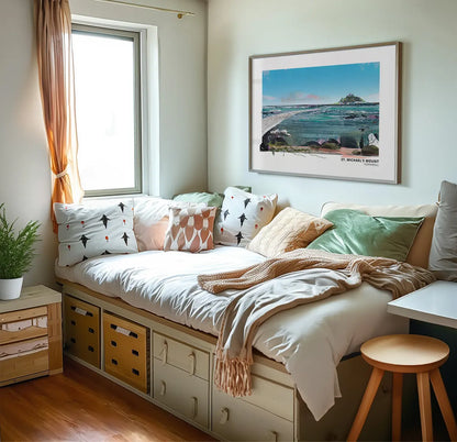 St Michael's Mount art print by Vicki Shortt, the tidal island and causeway at Marazion, Cornwall, framed in a room setting