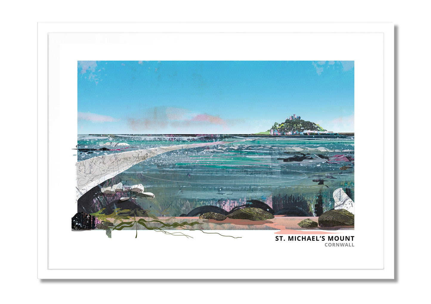 St Michael's Mount art print by Vicki Shortt, the tidal island and causeway at Marazion, Cornwall, in a white frame