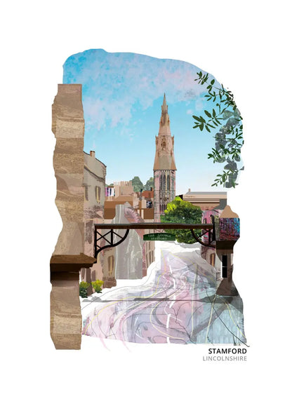 Stamford art print by Vicki Shortt, the main road into Stamford framed by the gallows sign of The George Hotel, Lincolnshire