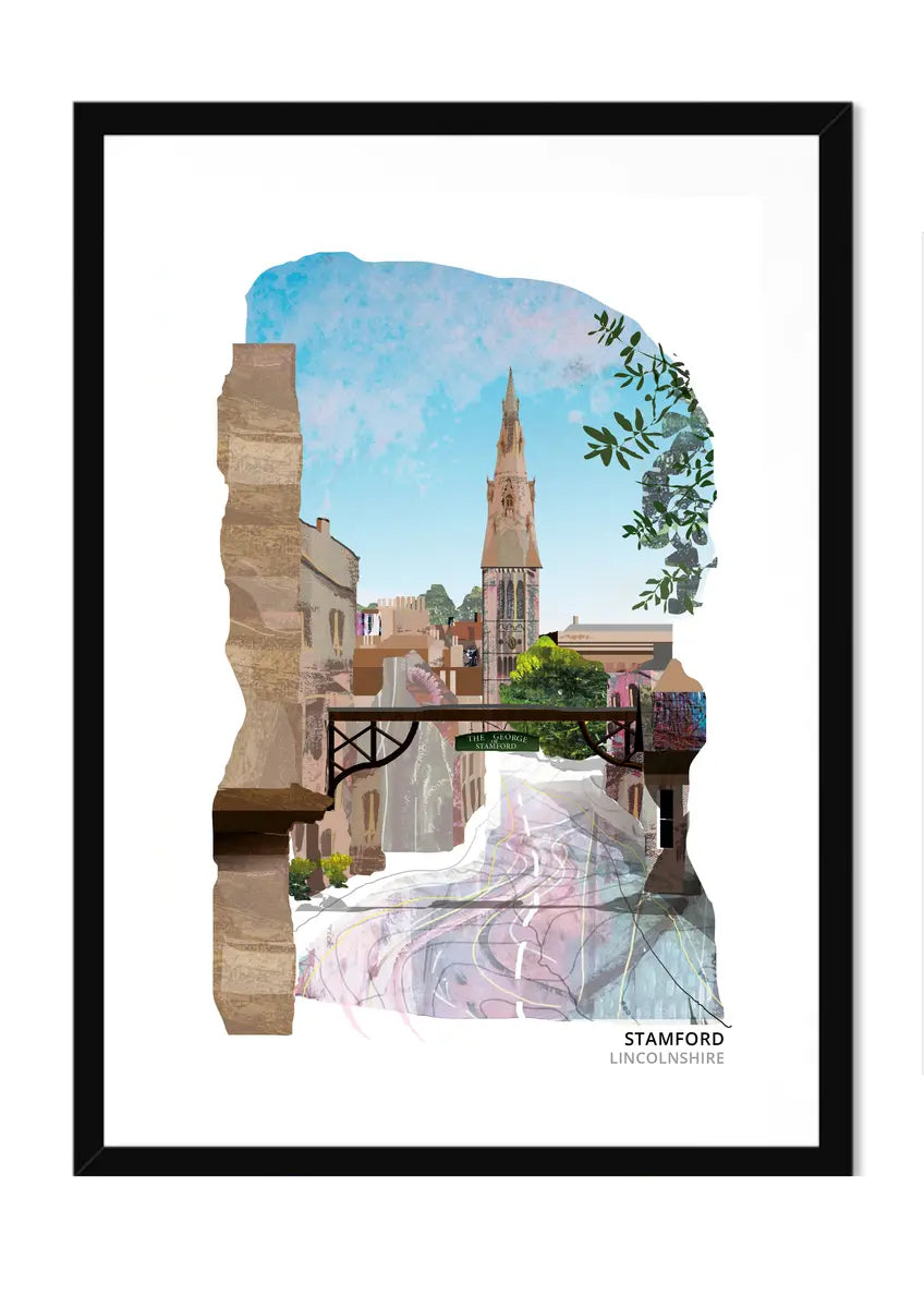 Stamford art print by Vicki Shortt, the main road into Stamford framed by the gallows sign of The George Hotel, Lincolnshire, in a black frame